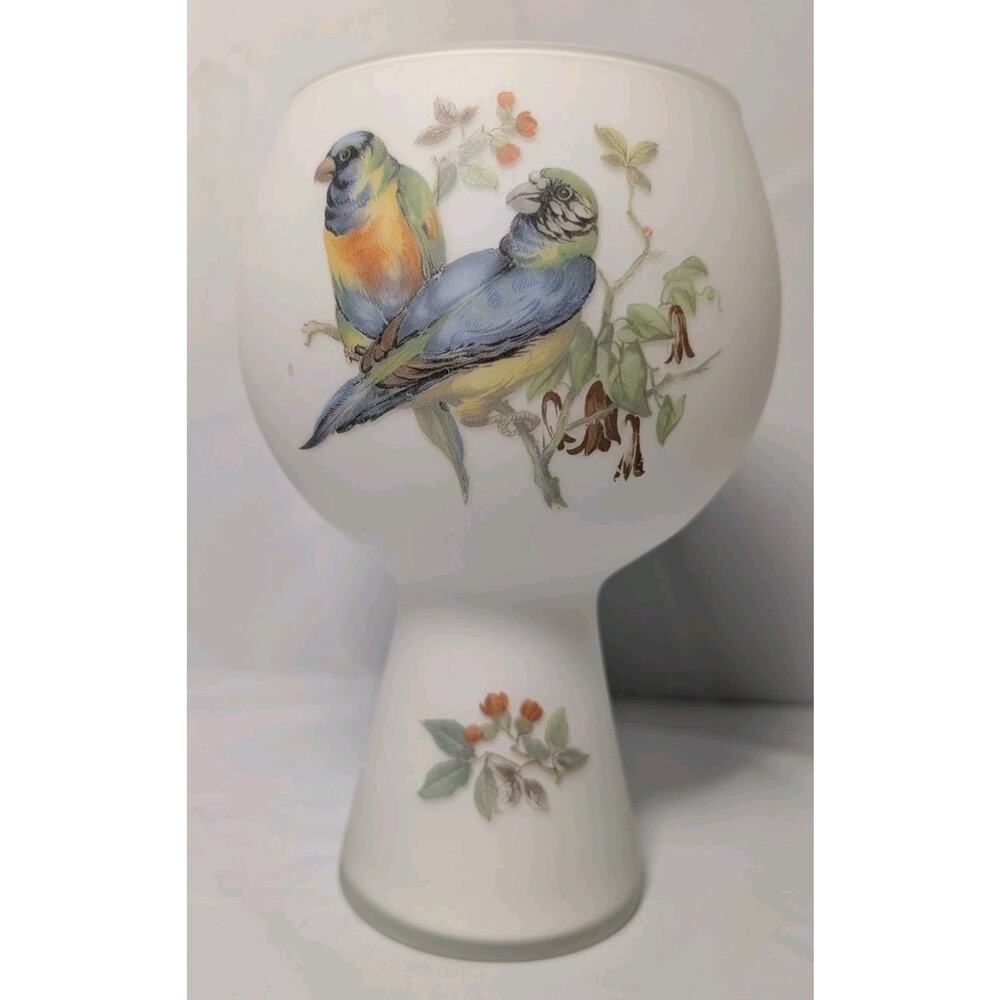 Vintage Norleans Frosted Satin Glass Vase Birds Floral Hand painted 1960